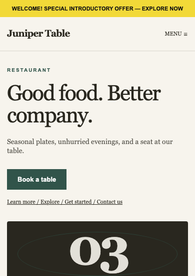 Juniper Table: editorial restaurant page