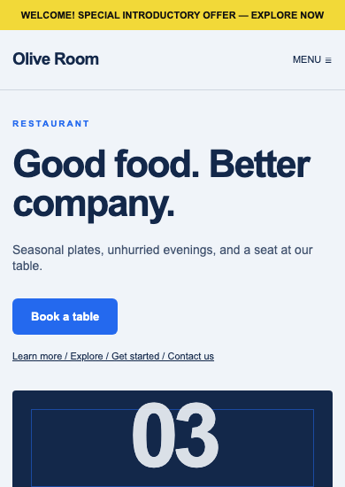 Olive Room: utility restaurant page