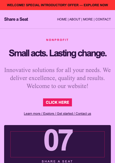 Share a Seat: maximalist nonprofit page