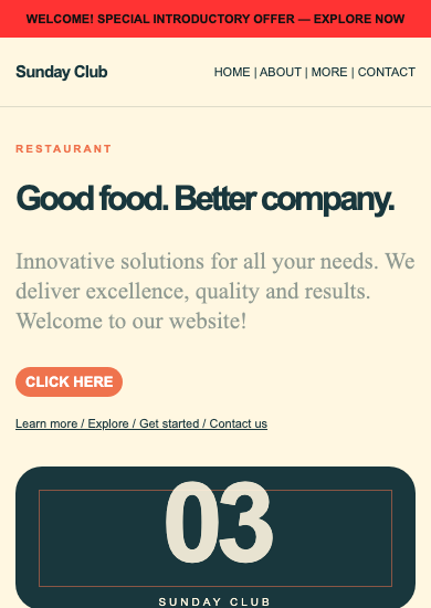 Sunday Club: playful restaurant page