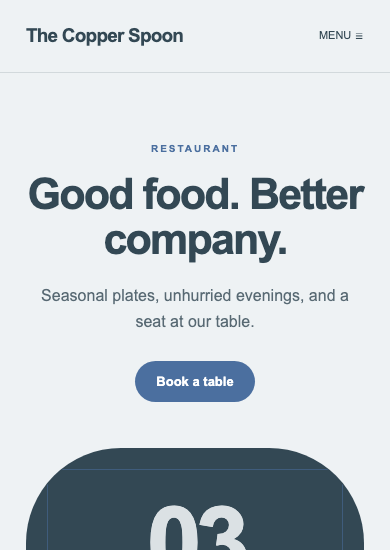 The Copper Spoon: soft minimal restaurant page