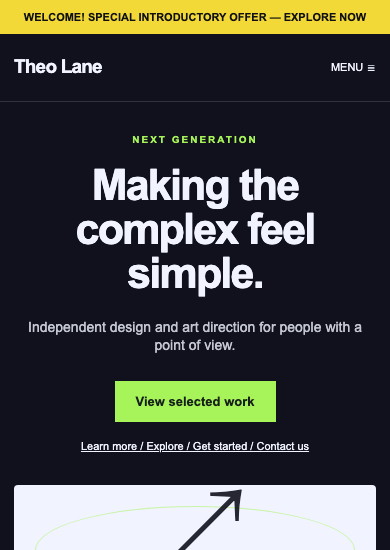 Theo Lane: neon portfolio page